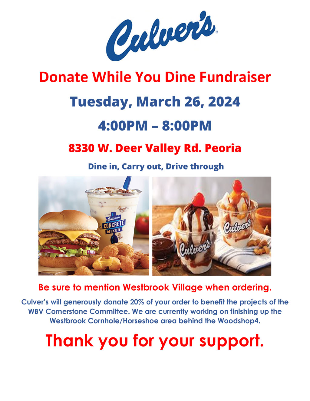 Culver's - Donate While You Dine - Westbrook Village Association